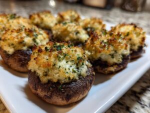 A close-up shot of delicious stuffed mushrooms, golden brown and sprinkled with parsley, ready to be served.