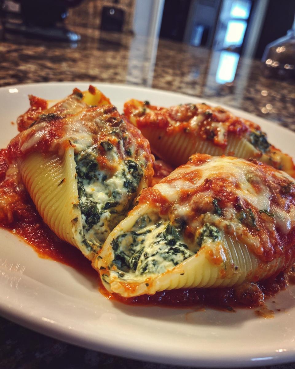 A close-up of three delicious 3-cheese stuffed shells, covered in marinara sauce and melted cheese.