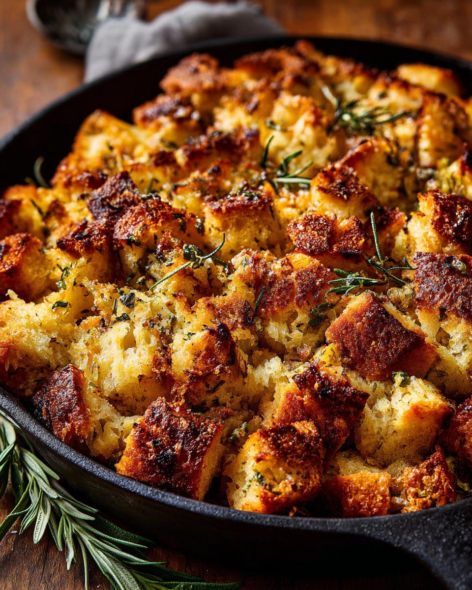 Close-up of golden brown, crispy bread cubes of stuffing baked in a cast iron skillet with fresh rosemary.