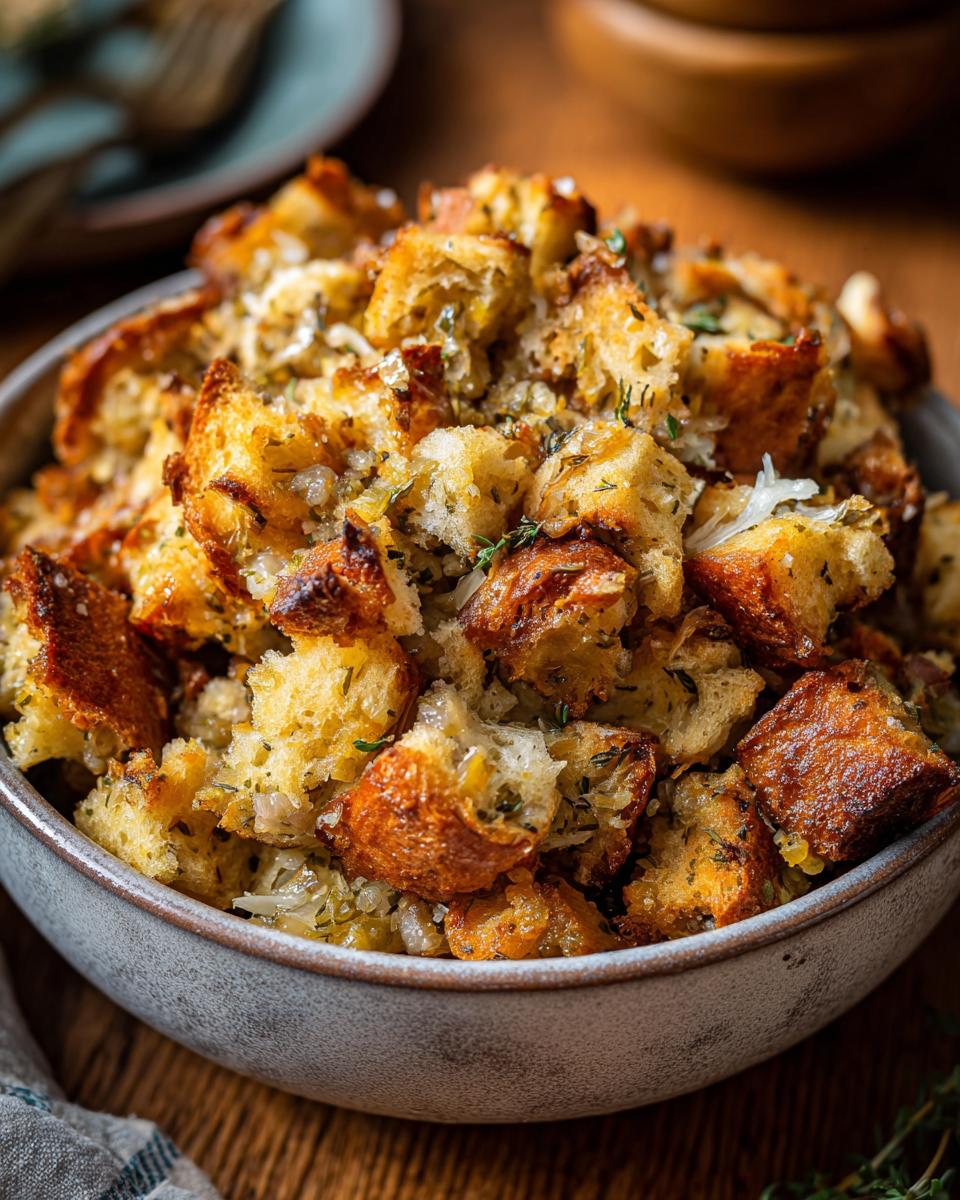 Close-up of a rustic bowl filled with golden brown, crispy bread cubes of stuffing, seasoned with herbs.