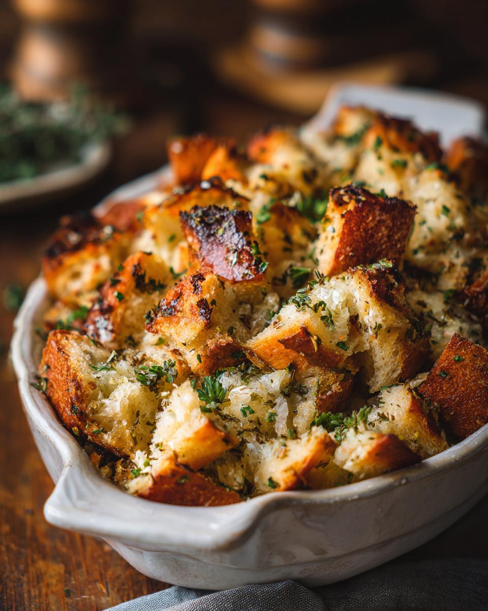 Close-up of delicious homemade stuffing in a baking dish, featuring toasted bread cubes and fresh herbs.