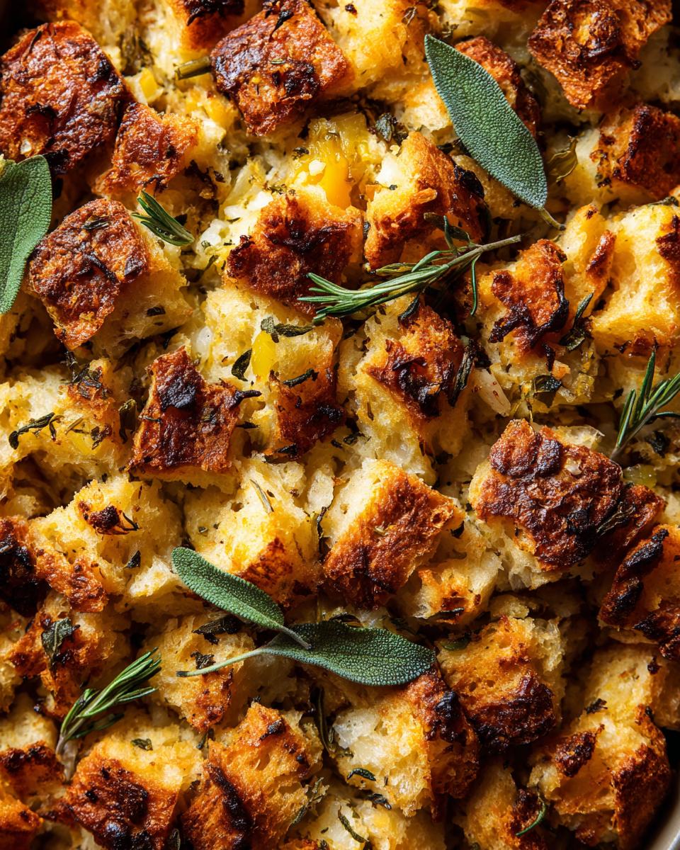 Close-up of golden brown stuffing with crispy bread cubes, sage leaves, and rosemary sprigs.