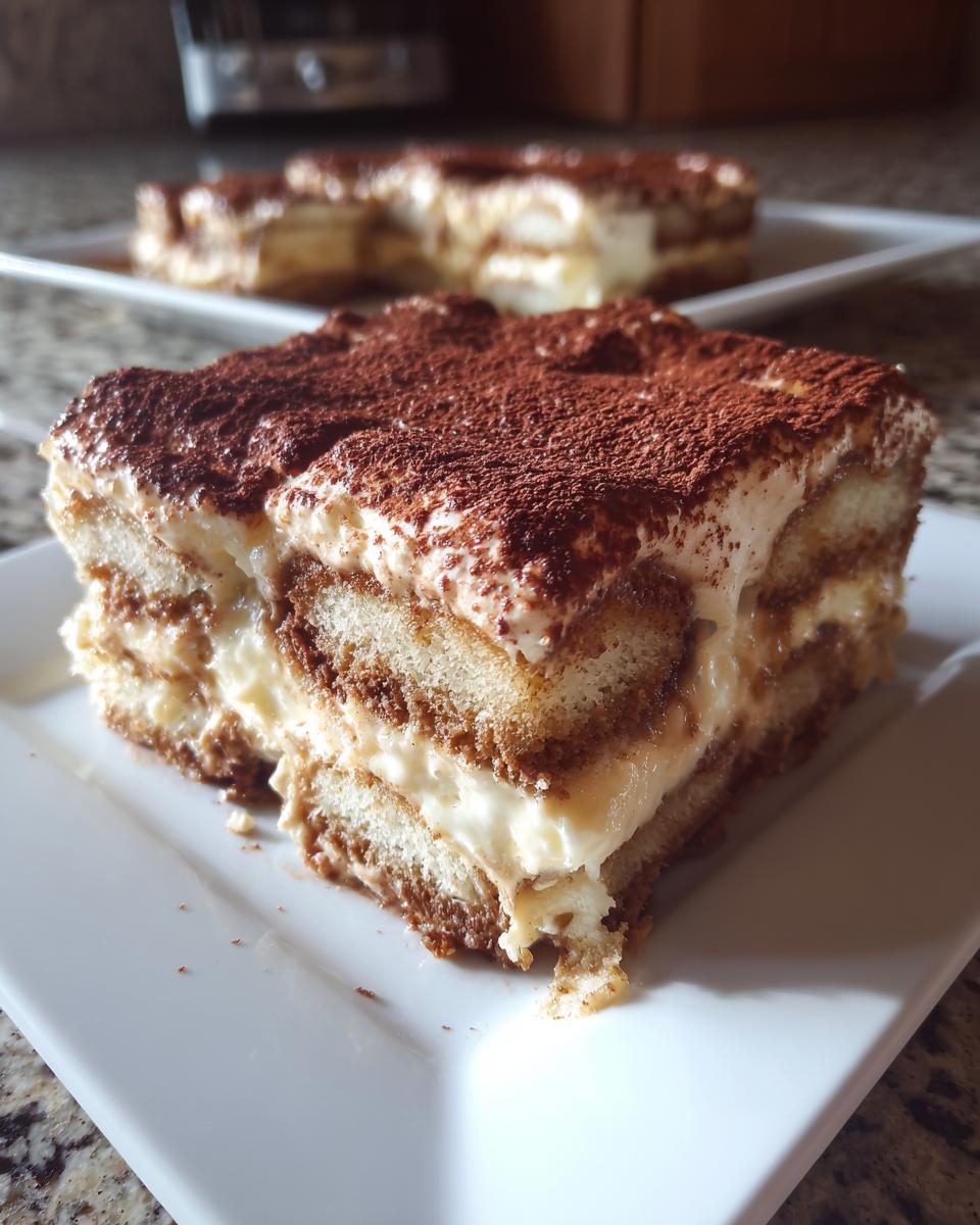 A close-up of a slice of Tiramisu dessert, layered with ladyfingers, cream, and dusted with cocoa powder.
