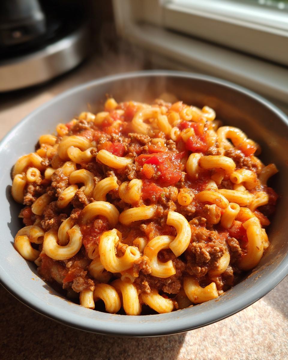 A close-up of a steaming bowl of American goulash, featuring elbow macaroni, ground beef, and tomato sauce.