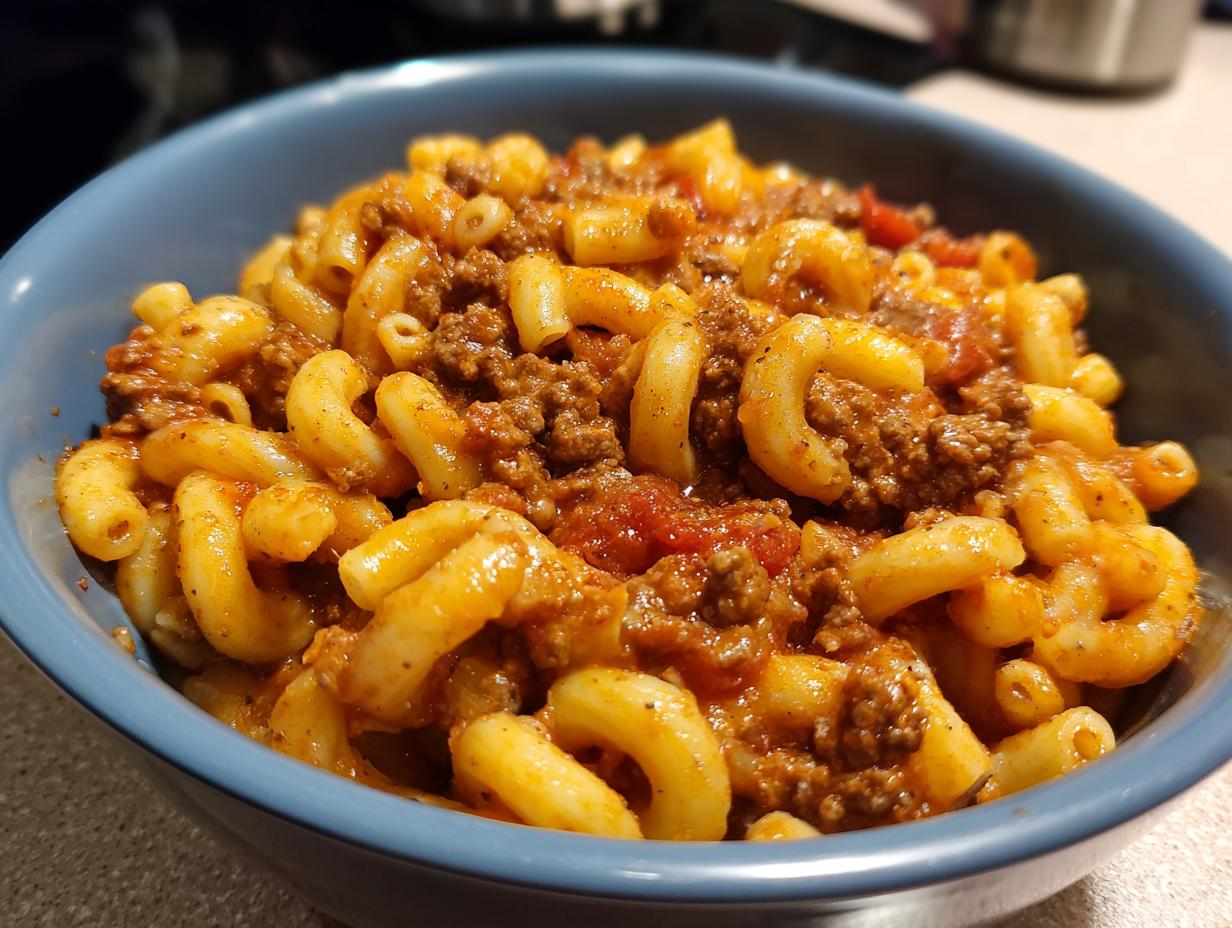 A close-up of a blue bowl filled with delicious American goulash, featuring elbow macaroni and seasoned ground beef in a rich tomato sauce.
