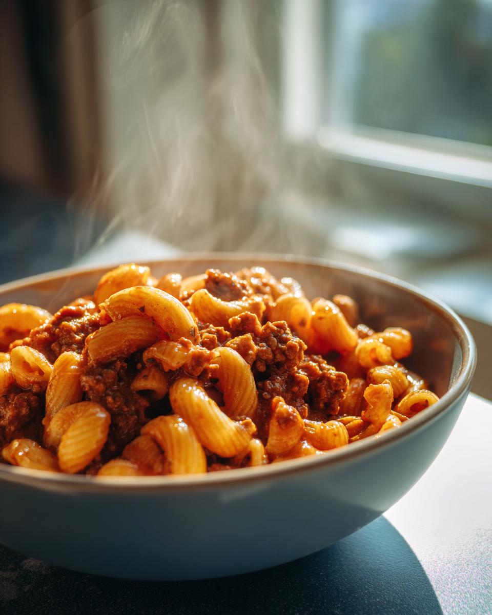A close-up shot of a steaming bowl of American goulash, featuring elbow macaroni and ground beef in a rich tomato sauce.