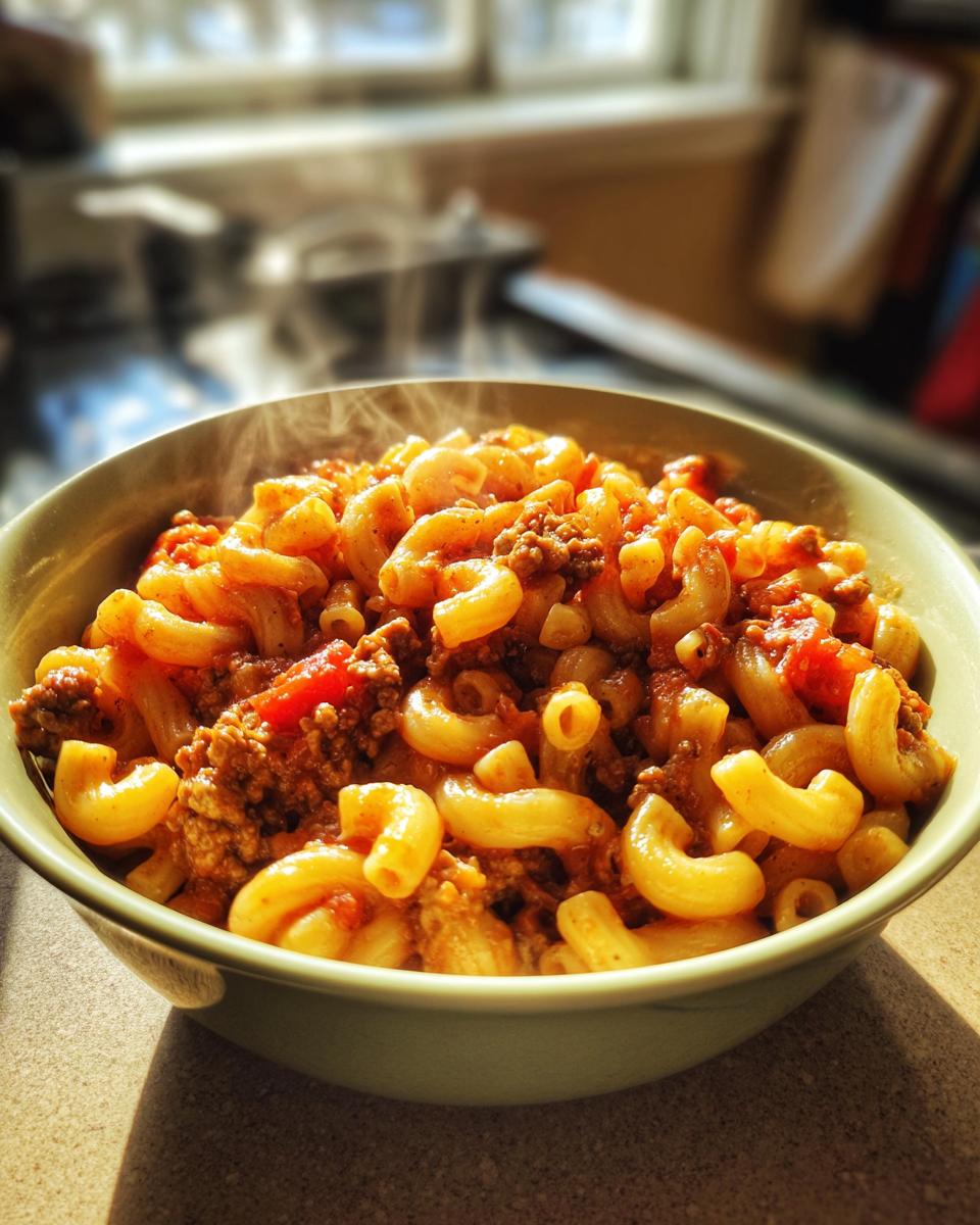 A close-up, steaming bowl of American goulash with elbow macaroni and ground beef in a rich tomato sauce.