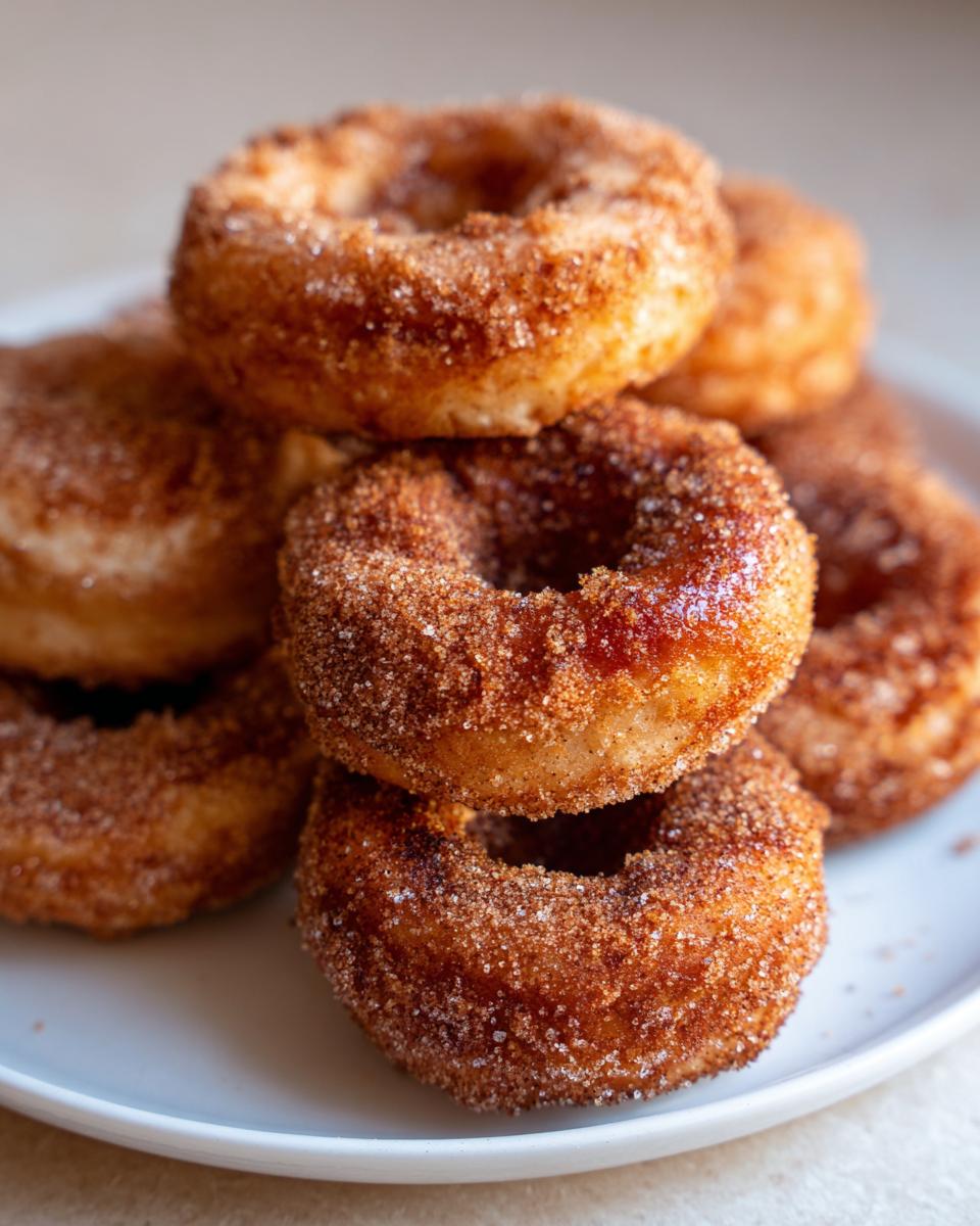 A close-up of a stack of freshly made apple cider donuts coated in cinnamon sugar.