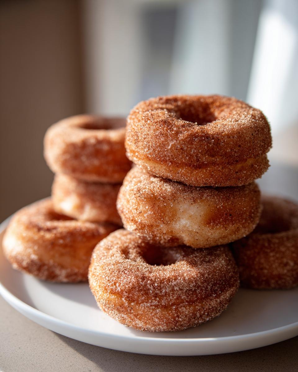 A close-up stack of freshly made apple cider donuts, coated in cinnamon sugar.
