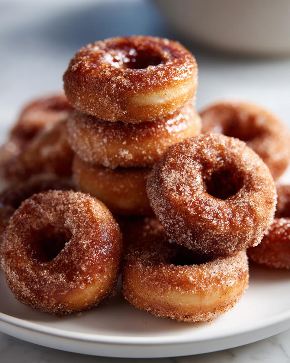 A close-up stack of freshly made apple cider donuts coated in cinnamon sugar.