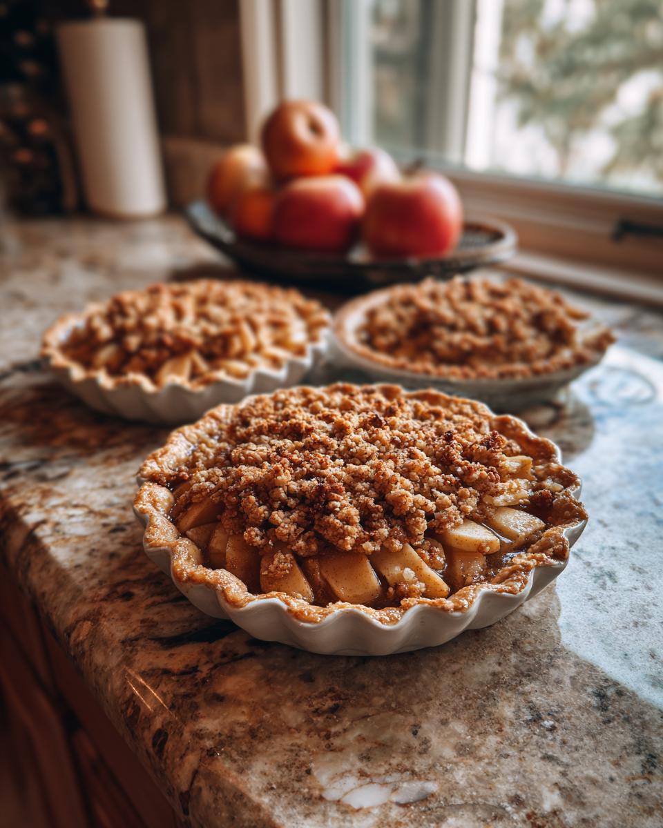 Three individual warm apple crisp mini pies with a golden crumb topping arranged on a granite countertop.