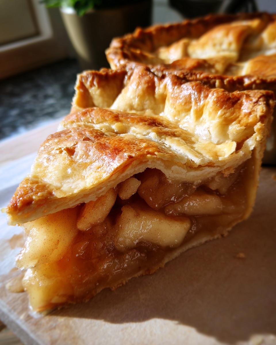 Close-up of a slice of homemade apple pie, showcasing flaky golden crust and tender apple filling with cinnamon.