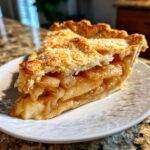 A close-up of a generous slice of homemade apple pie on a white plate, showcasing a flaky crust and tender apple filling.