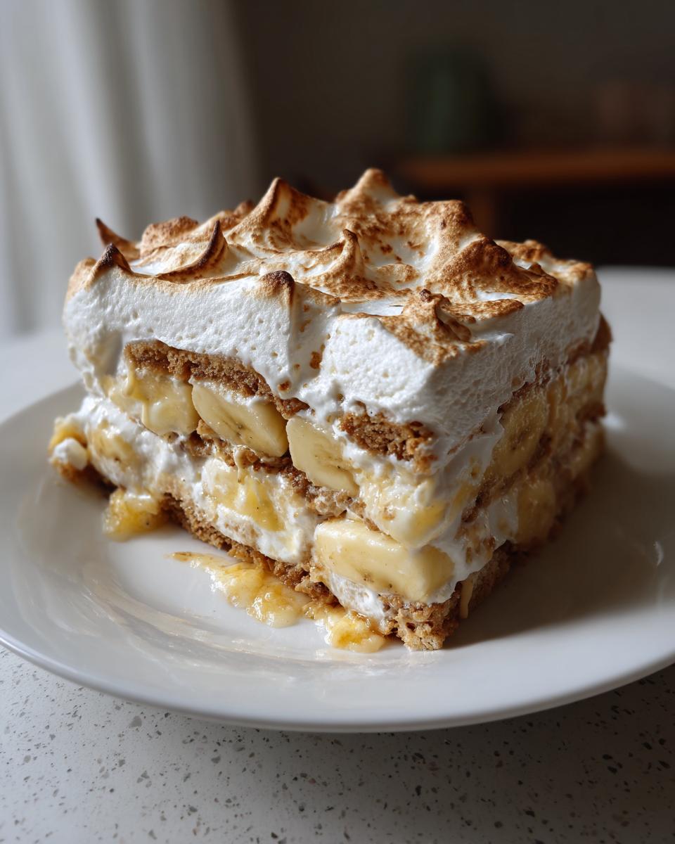 A delicious slice of authentic banana pudding with layers of bananas, cookies, and meringue on a white plate.
