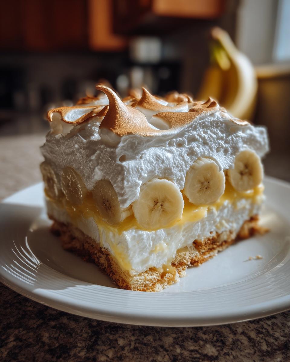A delicious slice of authentic banana pudding with layers of creamy pudding, fresh bananas, and toasted meringue.