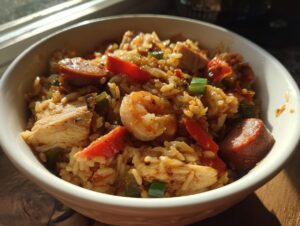 A close-up of a bowl filled with authentic Jambalaya, featuring rice, chicken, shrimp, sausage, and vegetables.