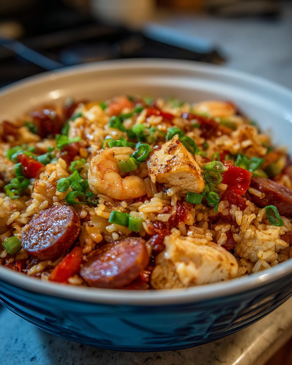 A close-up of a bowl filled with authentic Jambalaya, featuring rice, shrimp, chicken, sausage, and green onions.