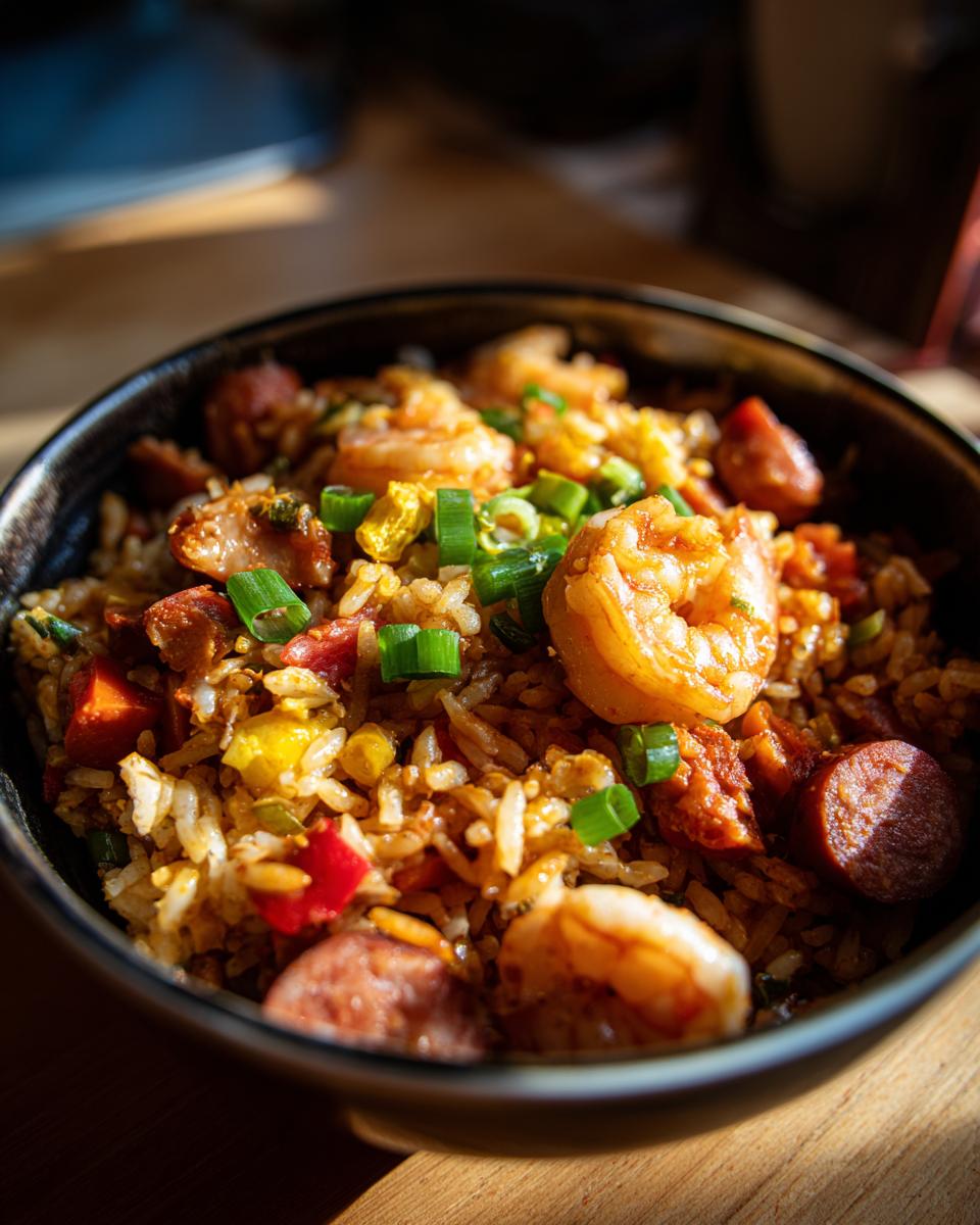Close-up of a bowl of authentic Jambalaya, featuring rice, shrimp, sausage, and green onions.
