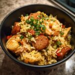 A close-up of a bowl of authentic Jambalaya, featuring rice, shrimp, sausage, and green onions.