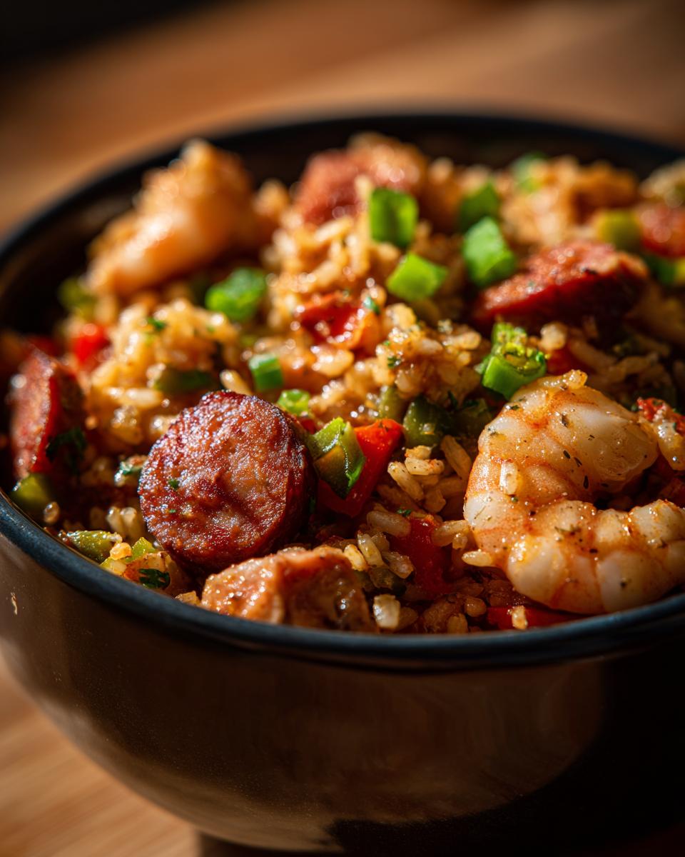 Close-up of a bowl of authentic Jambalaya, featuring rice, shrimp, sausage, and vegetables.