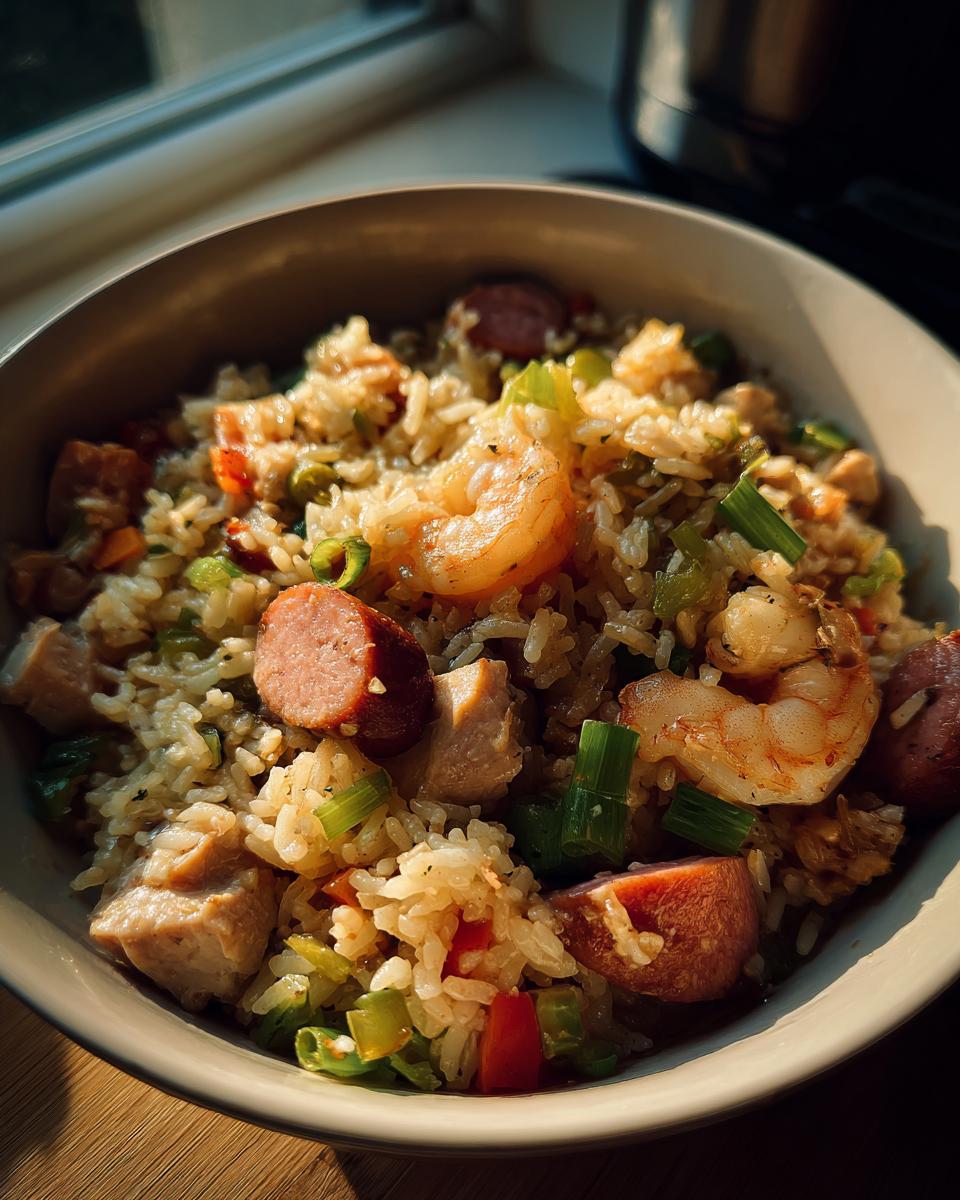 A close-up of a bowl of authentic Jambalaya, featuring rice, shrimp, sausage, chicken, and vegetables.