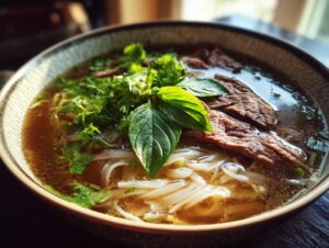 A close-up of a steaming bowl of authentic Vietnamese Pho, featuring tender beef slices, rice noodles, and fresh herbs.