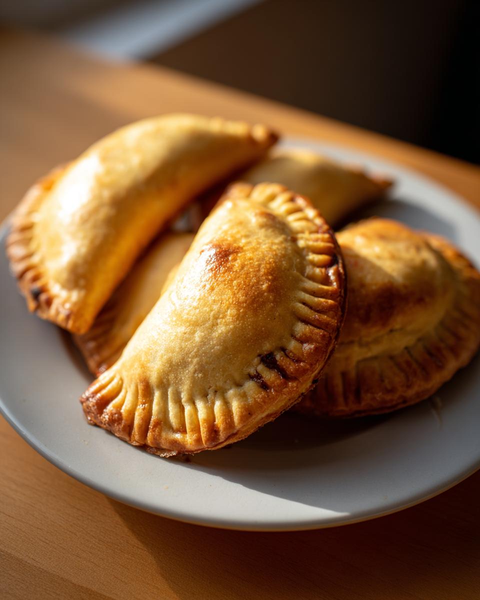 A close-up of golden-brown baked empanadas stacked on a light gray plate, ready to be enjoyed.