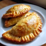 Close-up of three golden-brown baked empanadas stacked on a white plate, showcasing their crimped edges.