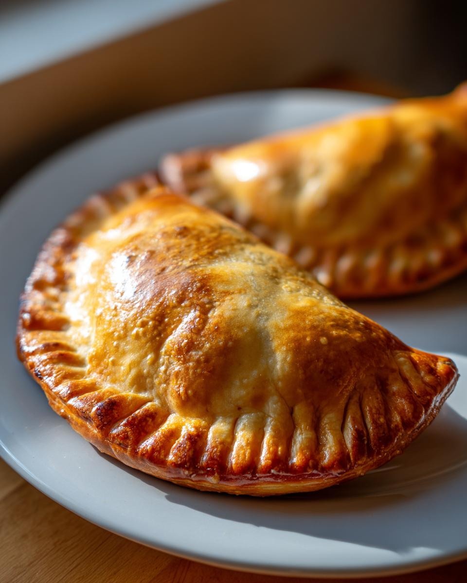 Close-up of two golden-brown baked empanadas on a white plate, ready to be enjoyed.