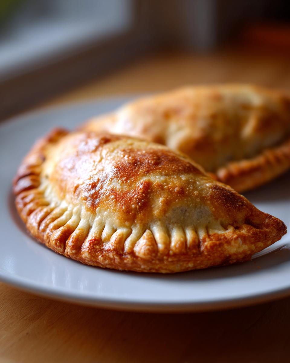 Close-up of two golden-brown baked empanadas on a white plate, showcasing their crimped edges.