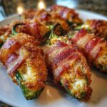 Close-up of delicious baked jalapeño poppers wrapped in bacon and coated in breadcrumbs.