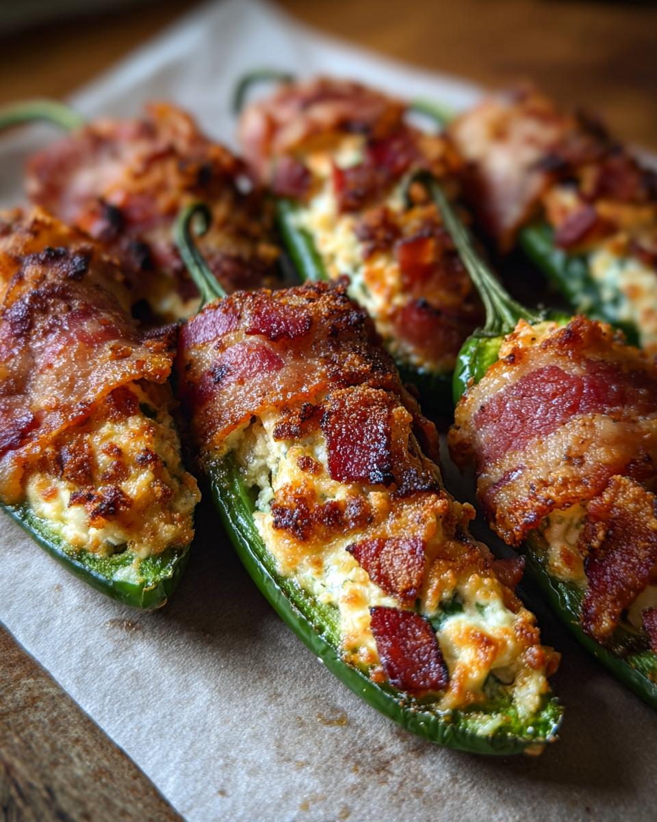 Close-up of freshly baked jalapeño poppers wrapped in bacon and stuffed with creamy filling.