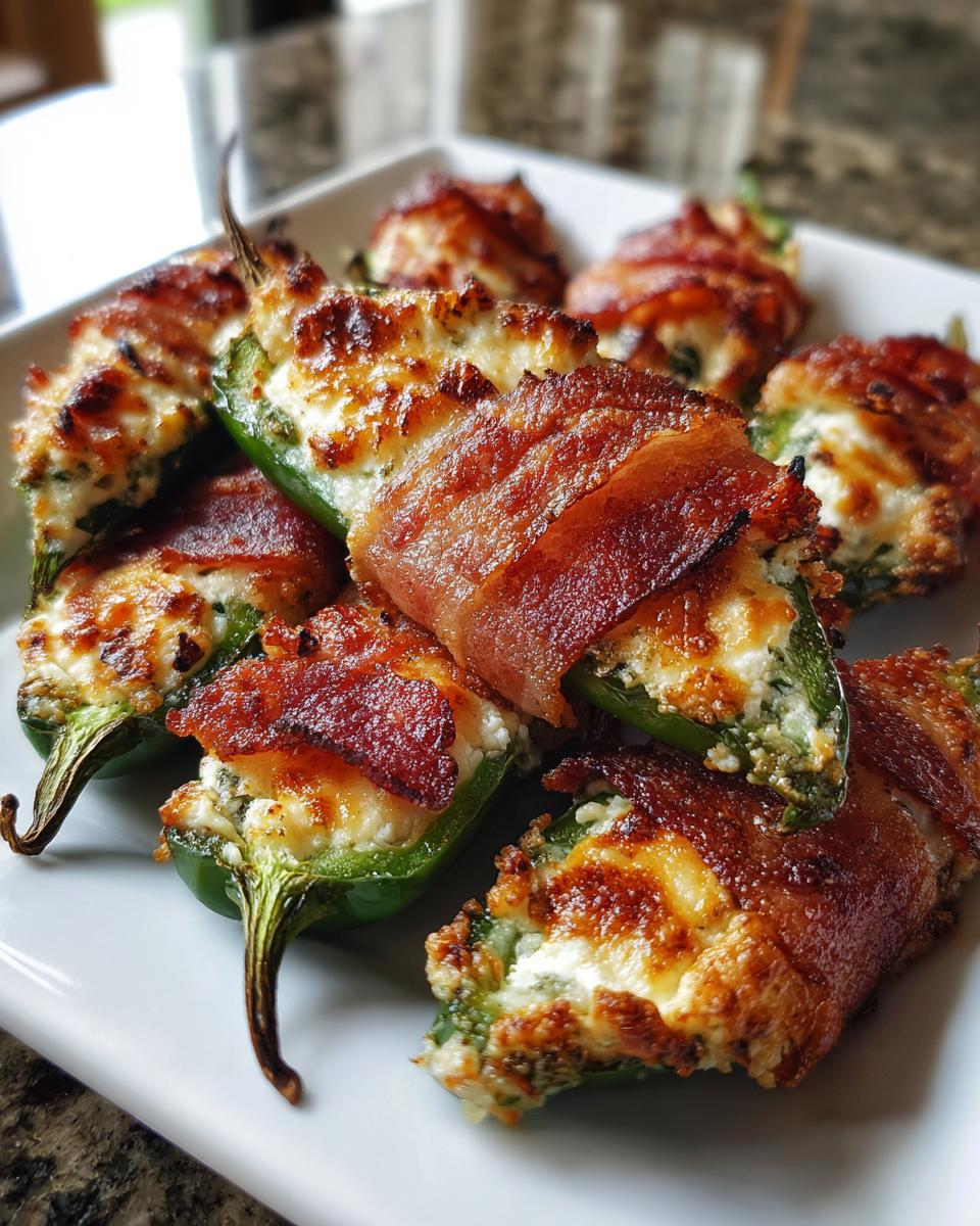 A plate of delicious baked jalapeño poppers, stuffed with cheese and wrapped in crispy bacon.