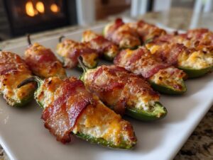 A platter of delicious, cheesy jalapeño poppers wrapped in crispy bacon, ready to be enjoyed.