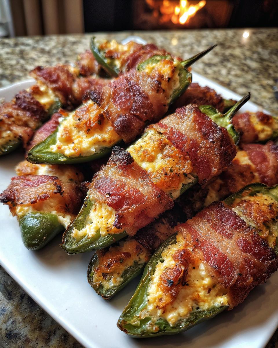 A pile of delicious baked jalapeño poppers wrapped in crispy bacon and filled with creamy cheese.