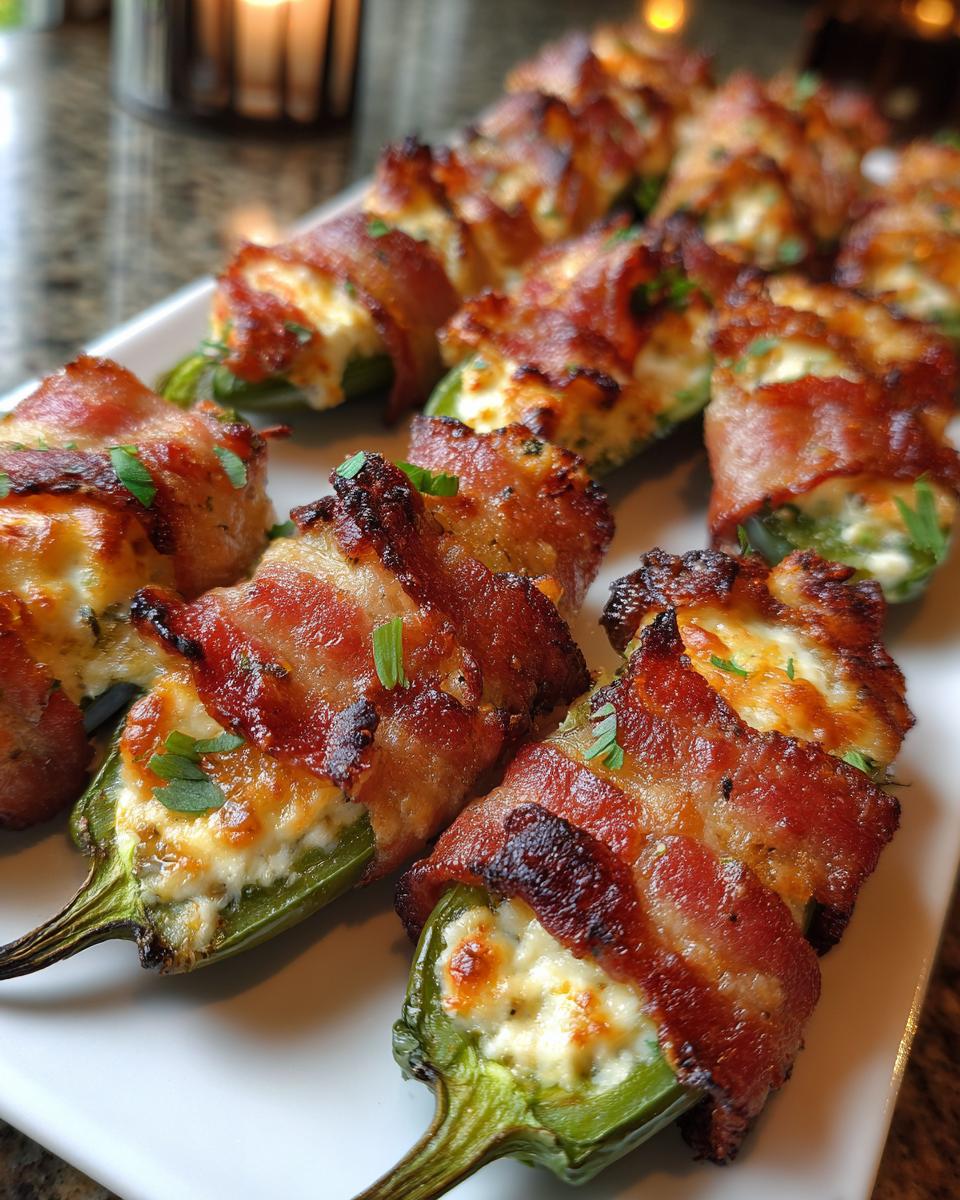 Close-up of baked jalapeño poppers wrapped in crispy bacon and filled with creamy cheese.
