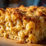 Close-up of a golden-brown baked mac and cheese with a crispy breadcrumb topping.