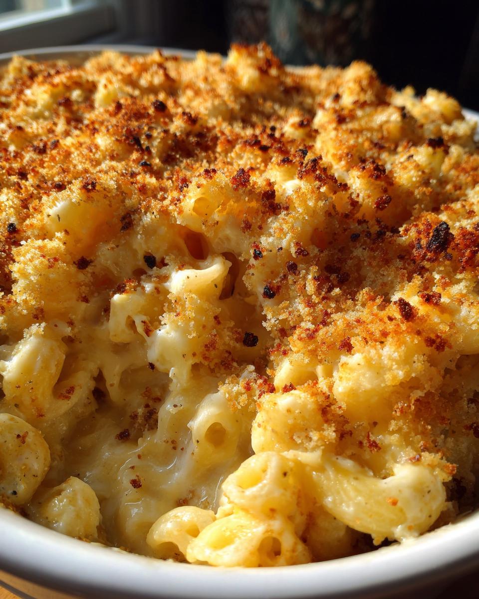 Close-up of a creamy, baked Mac and Cheese with a golden, crispy breadcrumb topping.