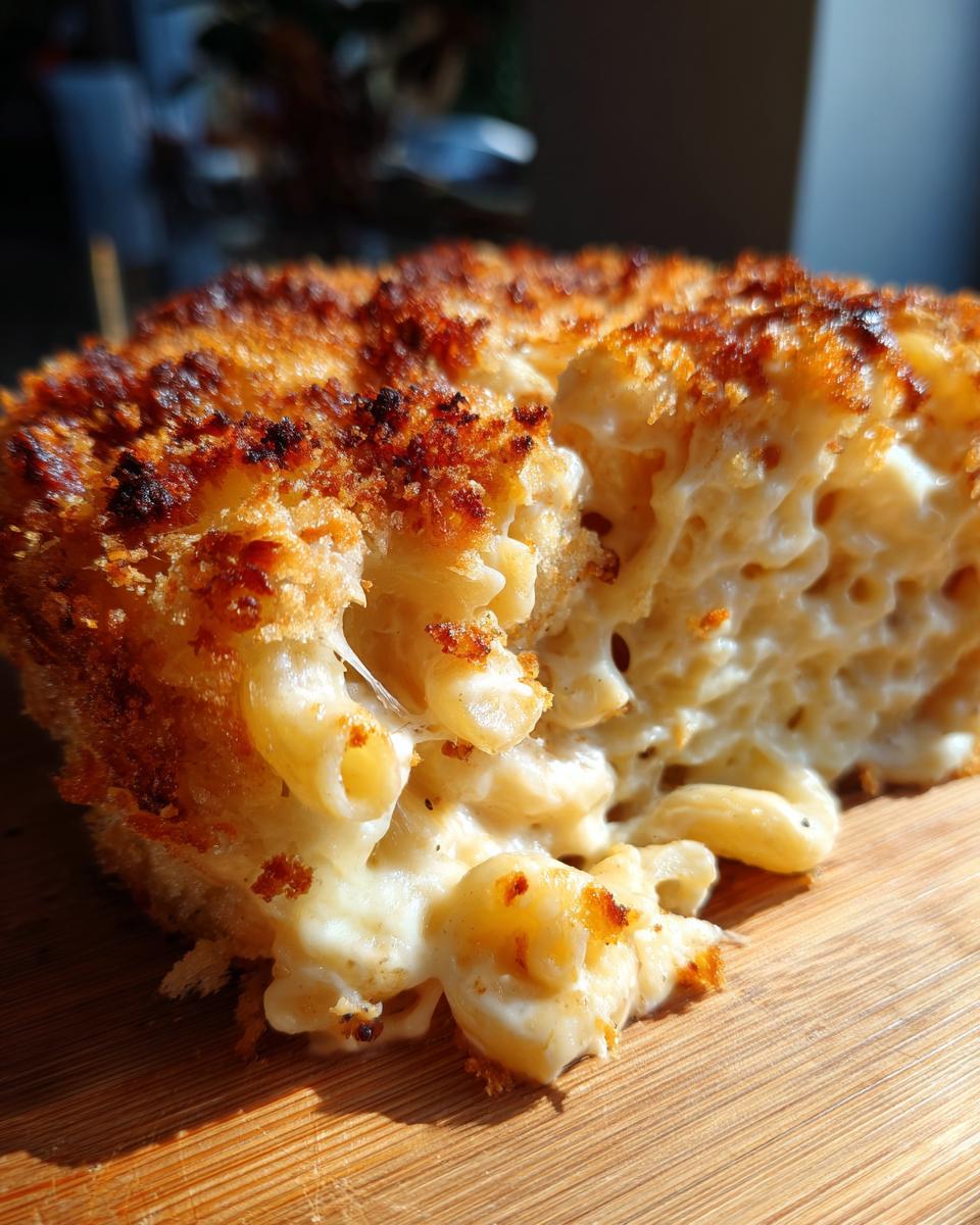 Close-up of a golden-brown baked slice of Mac and Cheese, showing creamy noodles and a crispy breadcrumb topping.