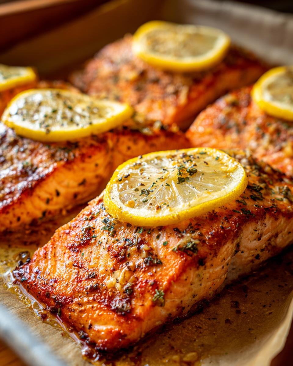 Close-up of several juicy baked salmon fillets topped with lemon slices and herbs on a baking sheet.
