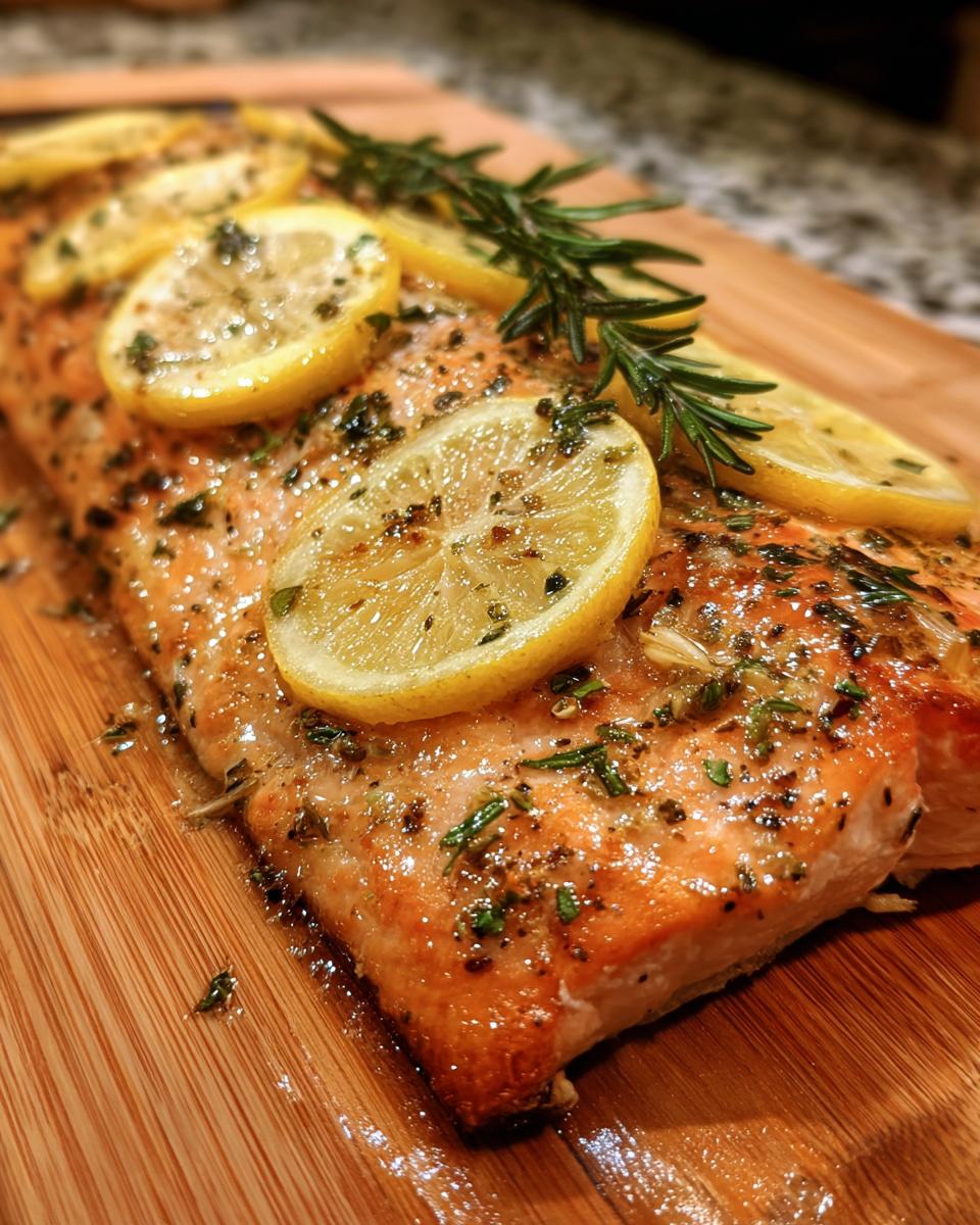 Close-up of a juicy baked salmon fillet topped with lemon slices and fresh rosemary sprigs.