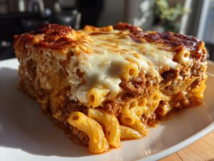 A close-up of a hearty slice of baked ziti, featuring tube pasta, rich meat sauce, and bubbly melted cheese.