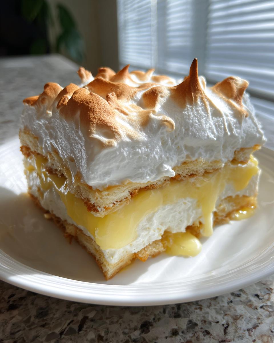 A generous slice of authentic banana pudding with layers of wafers, creamy pudding, and toasted meringue.