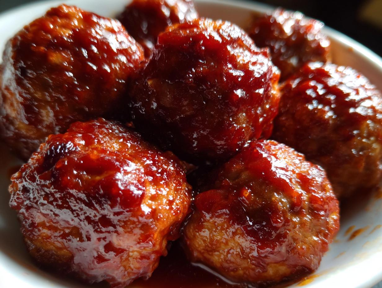 Close-up of juicy BBQ meatballs coated in a glossy, rich sauce.
