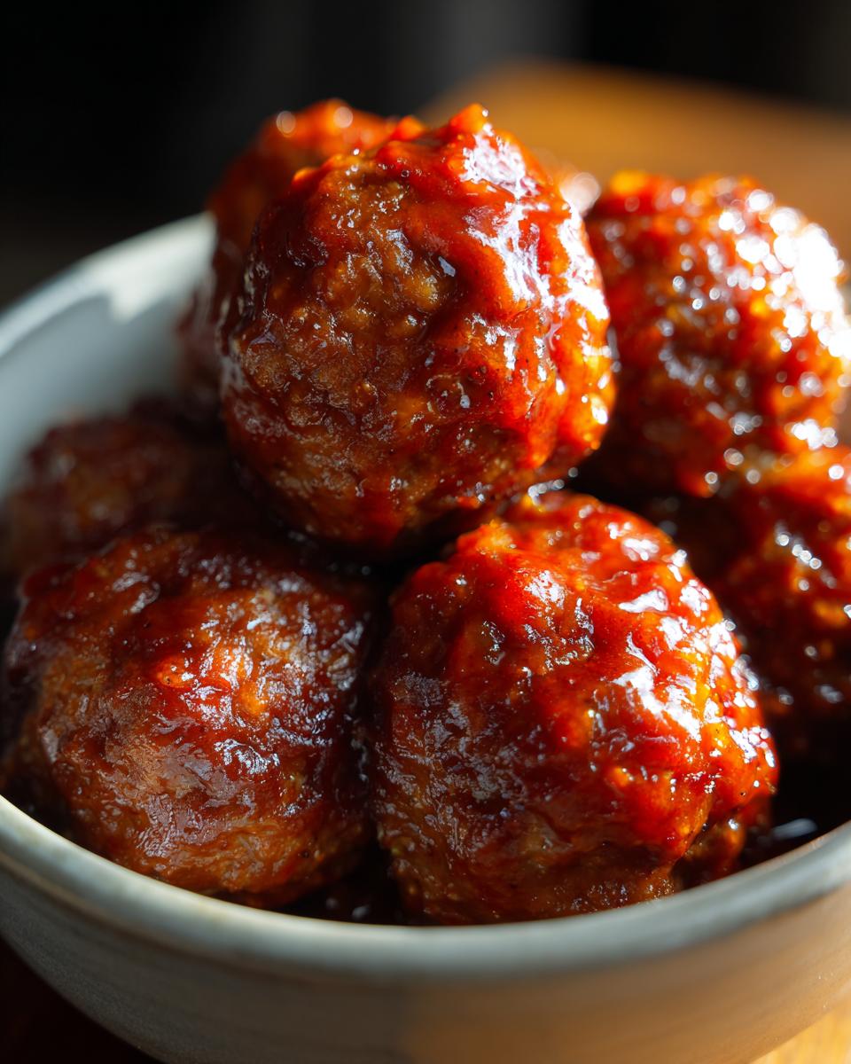 Close-up of a bowl filled with glossy, saucy BBQ meatballs, ready to be served.