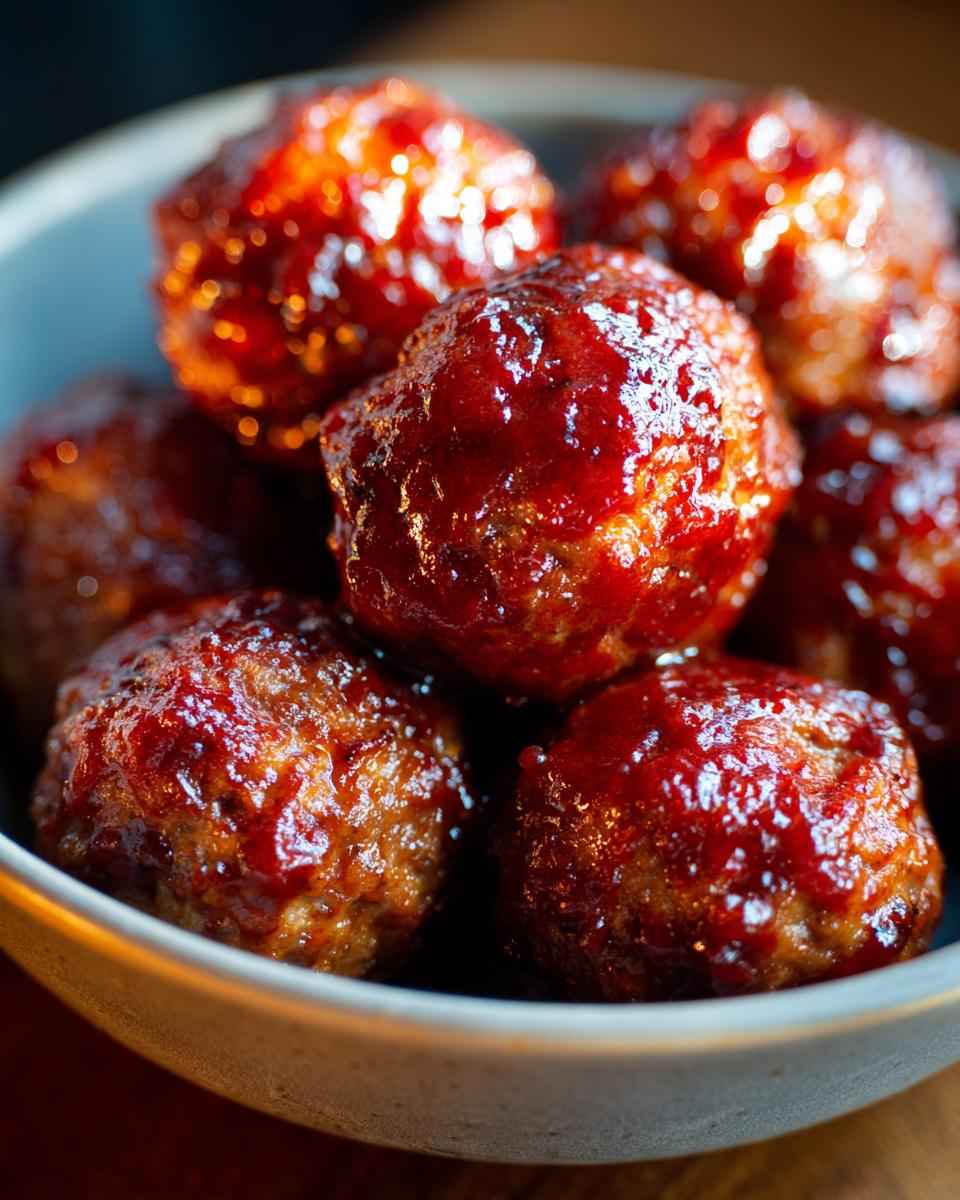 Close-up of glossy, saucy BBQ meatballs piled high in a light gray bowl.