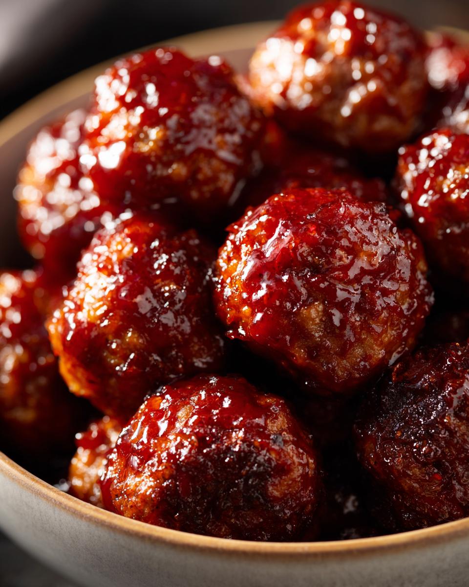 Close-up of a bowl filled with glistening BBQ meatballs, coated in a rich, red sauce.