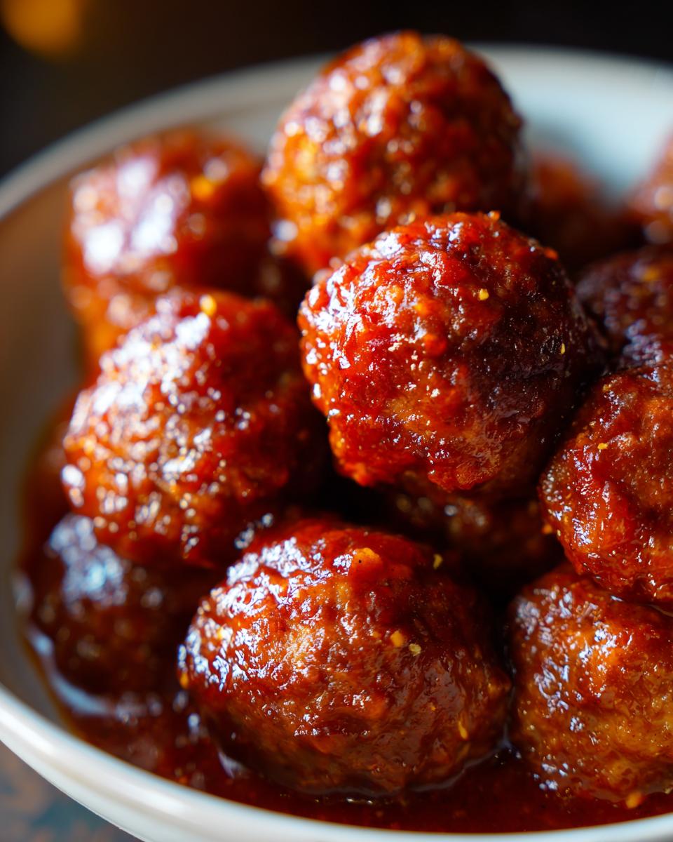 Close-up of a bowl filled with glossy, saucy BBQ meatballs.