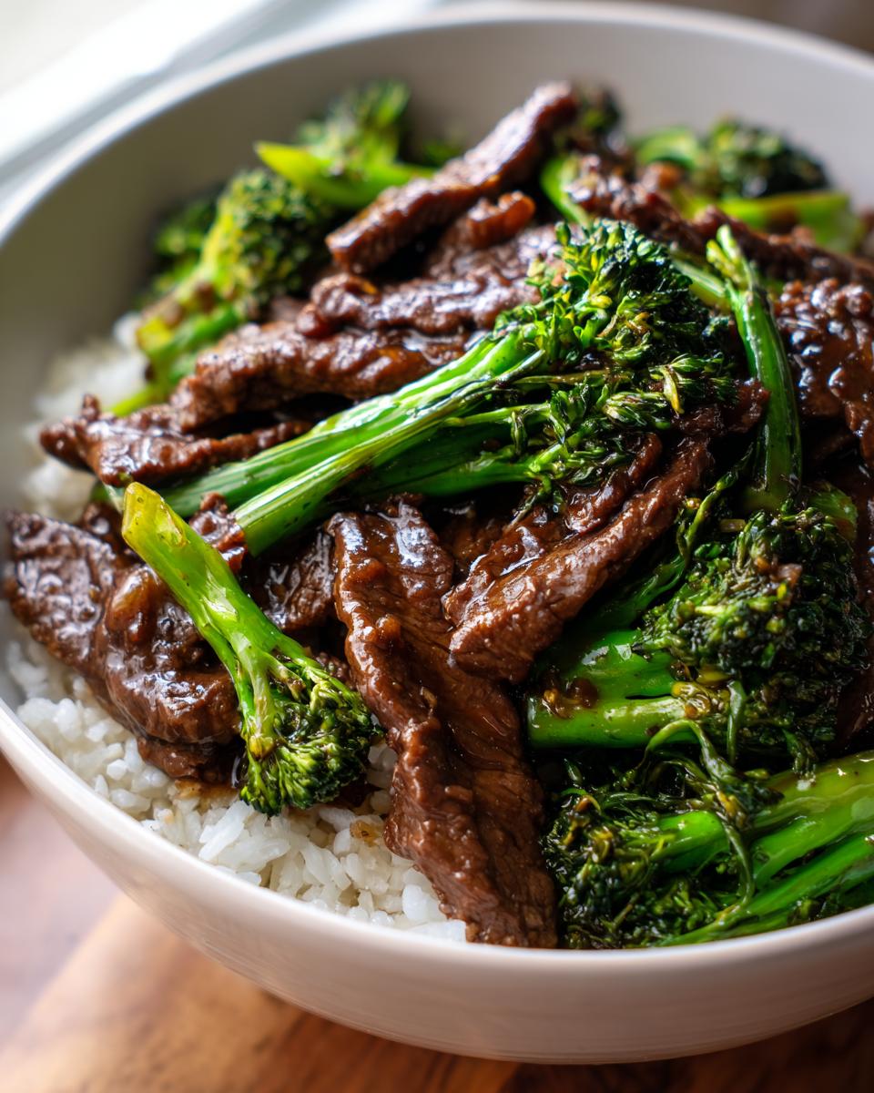 Close-up of tender beef and broccoli stir-fry served over fluffy white rice in a bowl.