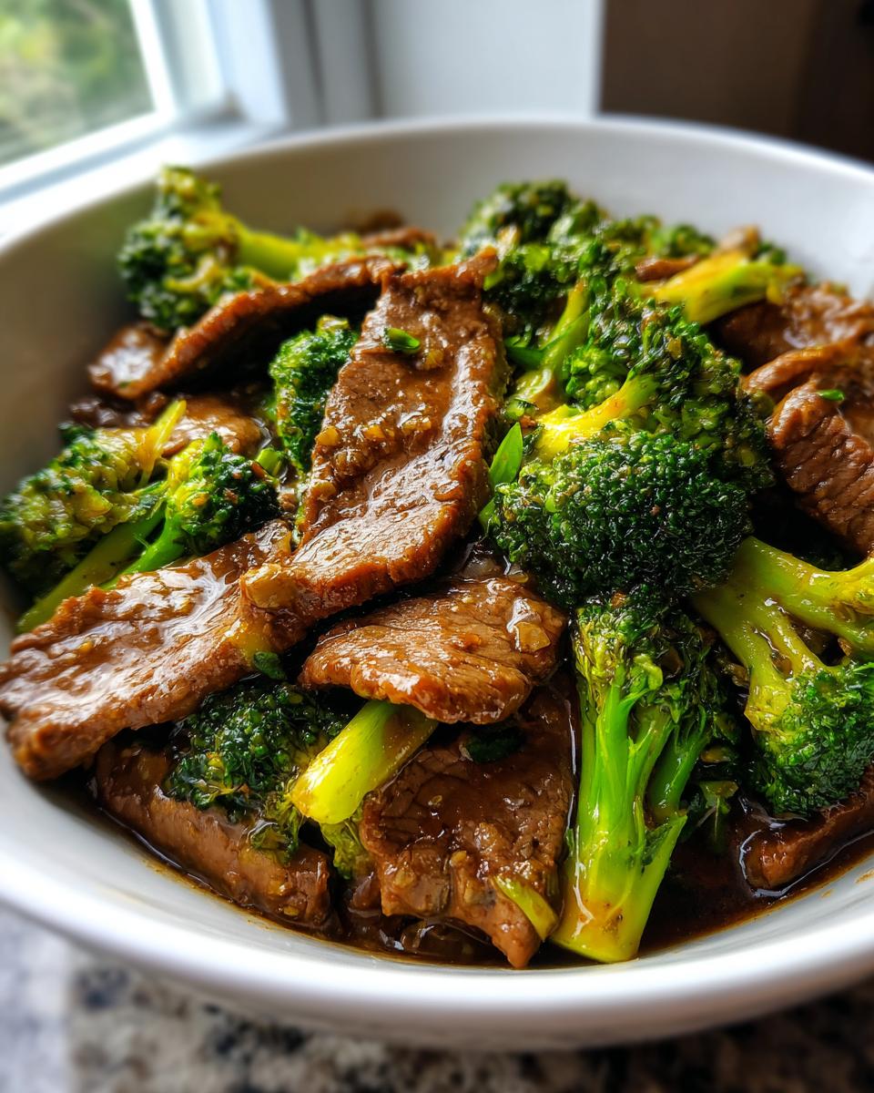 Close-up of a bowl of tender beef and broccoli stir-fry in a savory sauce.